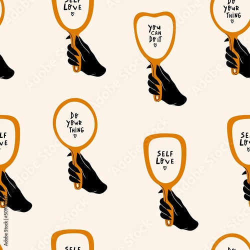 Woman's hand holding mirror. Motivational quotes in mirror reflection. Hand drawn Vector illustration. Cartoon flat style. Self love, motivation, inspiration concept. Square seamless Pattern