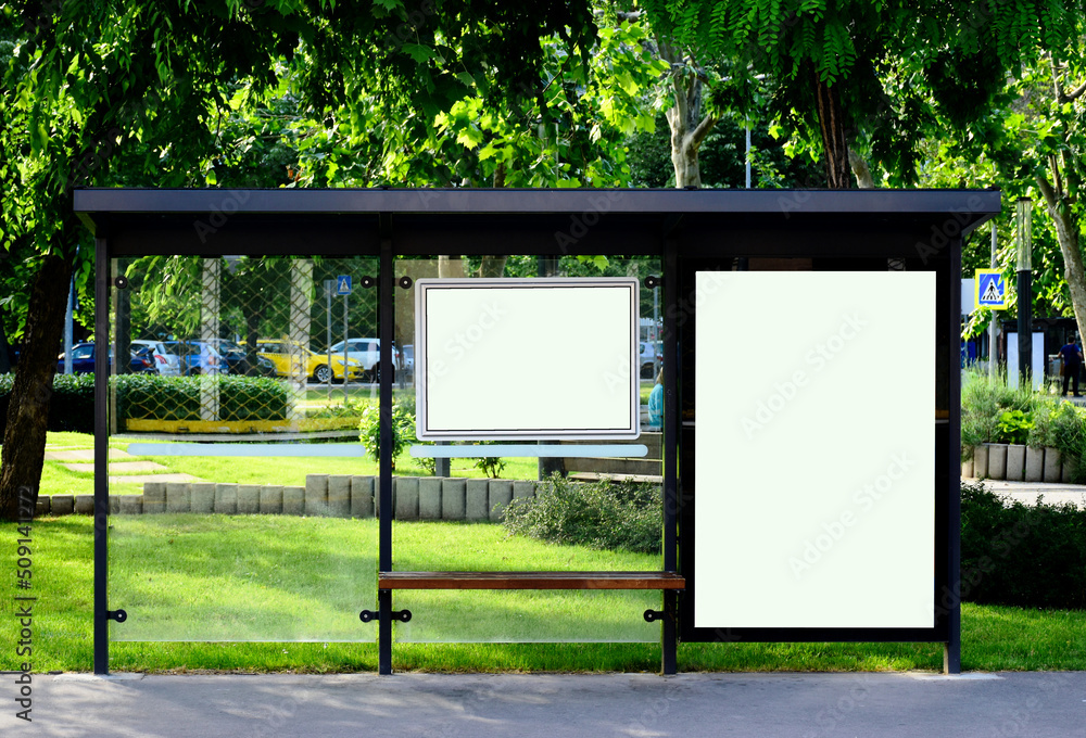 Bus Shelter At A Bus Stop. Blank White Glass Billboard And Ad Lightbox ...