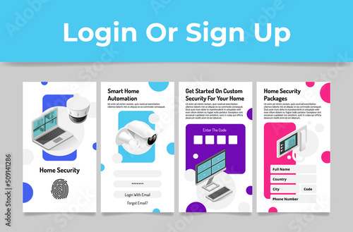 Smart home automation security mobile app interface log in or sign up page set vector illustration