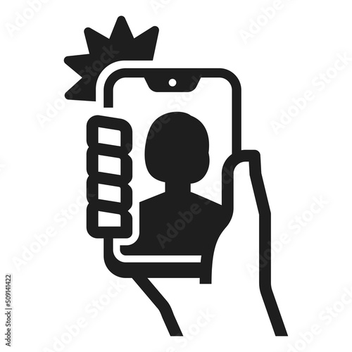 Human hand holding smartphone taking photo for selfie with flash line art icon vector illustration