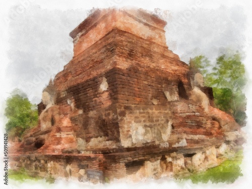 Ancient Ruins in Sukhothai World Heritage Site watercolor style illustration impressionist painting.