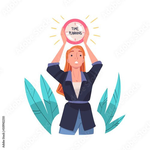 Woman Character Holding Clock Planning Time and Event Managing Schedule Vector Illustration