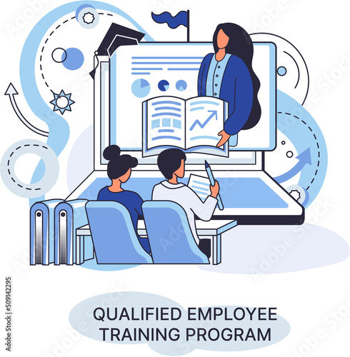 Qualified employee training program. Refresher course metaphor. Help in professional development. Learning for software development and growth. Agile project management team project life scrum meeting