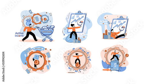 Active income obtained in course of certain activity using your knowledge and skills, getting paid for work. Works, earns salary. Idea of financial growth, business development, wages. Activity growth