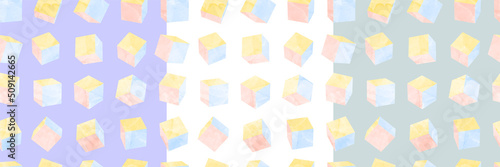 Seamless vector watercolor geometric pattern with 3D cubes. Multicolor kids wrapping template. Pastel color kids set backdrop for postcard, poster. Endless colorful painted hand drawn baby background.