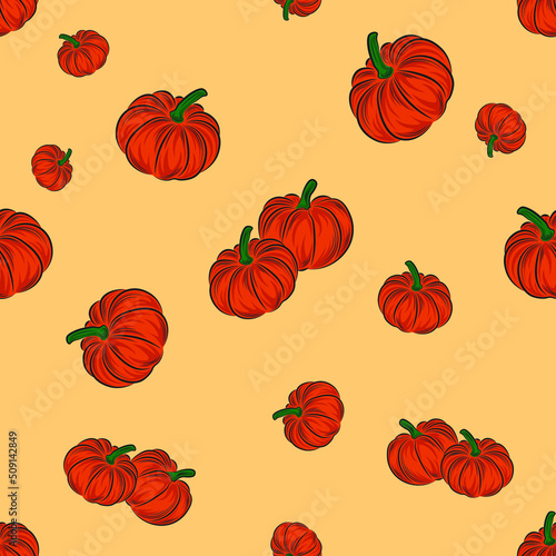Vector seamless pattern. Pumpkin on a beige background, seasonal autumn vegetable. Design for printing on textiles, clothing, wallpaper printing. 