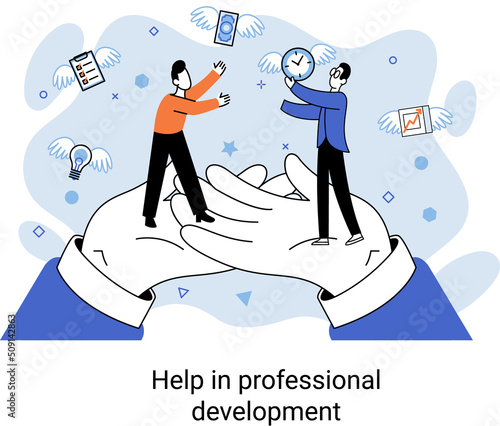 Help in professional development metaphor. Qualified employee training program. Refresher course. Human resource management organization. Business education workshop. School personality growth in team