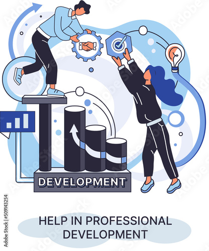 Help in professional development metaphor. Qualified employee training program. Refresher course. Human resource management organization. Business education workshop. School personality growth in team