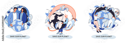Save our planet ecological metaphor Earth day, love for native home. Sustainable gardening renewable energy. Caring for nature protecting environment stop air and water pollution, rational consumption