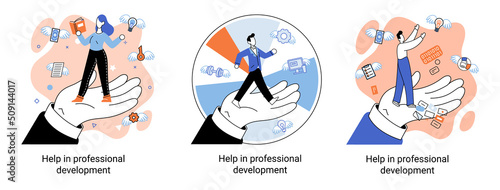 Help in professional development metaphor. Qualified employee training program. Refresher course. Human resource management organization. Business education workshop. School personality growth in team