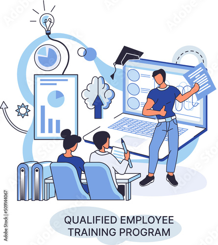 Qualified employee training program. Refresher course metaphor. Help in professional development. Learning for software development and growth. Agile project management team project life scrum meeting