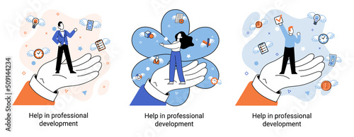 Help in professional development metaphor. Qualified employee training program. Refresher course. Human resource management organization. Business education workshop. School personality growth in team