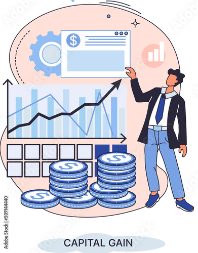 Man talking about money investment. Financial income growth, increasing profit. Effective finance currency invest, stock market trading. Businessman works with business strategy planning, capital gain