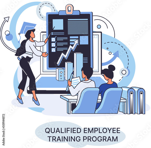 Qualified employee training program. Refresher course metaphor. Help in professional development. Learning for software development and growth. Agile project management team project life scrum meeting