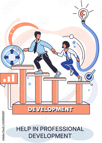 Help in professional development metaphor. Qualified employee training program. Refresher course. Human resource management organization. Business education workshop. School personality growth in team