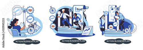 Action business plan, development strategies, foreseeing market risks. Company success secret, idea growing business achieve target metaphor, study production and sales market. Strategic biz planning