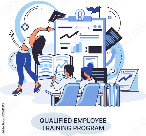 Qualified employee training program. Refresher course metaphor. Help in professional development. Learning for software development and growth. Agile project management team project life scrum meeting