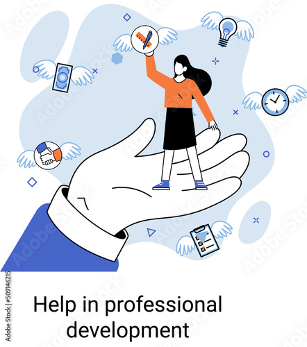 Help in professional development metaphor. Qualified employee training program. Refresher course. Human resource management organization. Business education workshop. School personality growth in team
