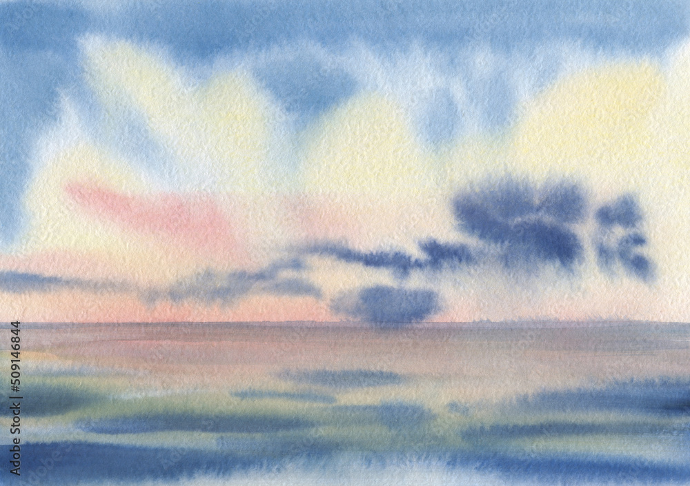 Naklejka premium Seascape painted with watercolors. An orange cloud is reflected in the water.
