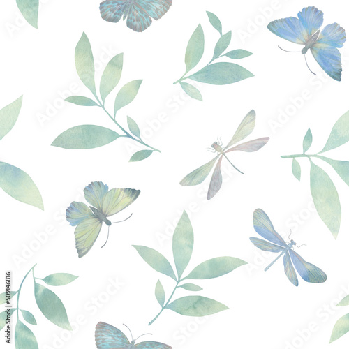 Abstract pattern of watercolor butterflies, dragonflies and leaves isolated on white background.