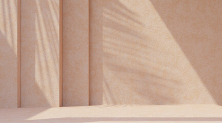 Minimal product placement background with palm shadow on beige plaster wall. Luxury summer architecture interior aesthetic. Boho home room for product platform stage mockup.