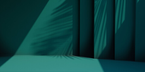 Minimal product placement background with palm shadow on blue plaster wall. Luxury summer architecture interior aesthetic. Boho home room for product platform stage mockup.