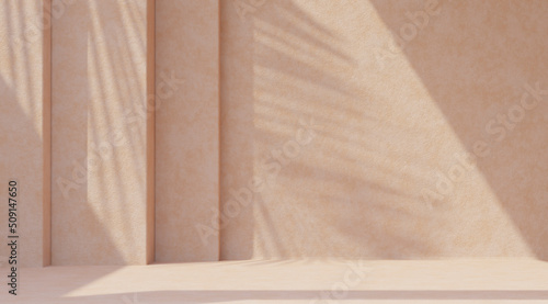 Minimal product placement background with palm shadow on beige plaster wall. Luxury summer architecture interior aesthetic. Boho home room for product platform stage mockup.