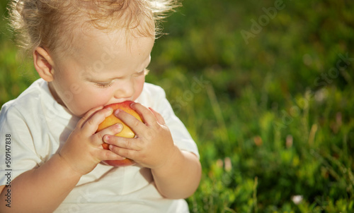 Cute baby 1 year old eats an apple in the park sitting on the grass. The child bites the juicy fruit with the first milk teeth. Healthy natural baby food. organic food