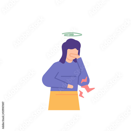 Gastroenteritis, diarrhea, abdominal pain, headache, stomach cramps. a woman feels nauseous and dizzy. want to vomit. health problems and disease. flat cartoon illustration