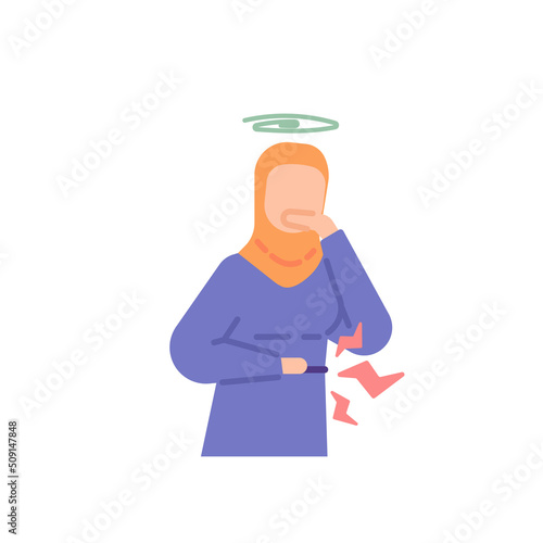 Gastroenteritis, diarrhea, abdominal pain, headache, stomach cramps. a woman feels nauseous and dizzy. want to vomit. health problems and disease. flat cartoon illustration