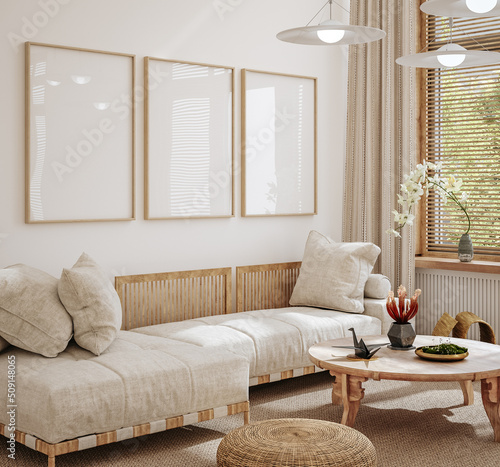 Obraz na plátně Home interior in japanese style, frame mockup in living room background, 3d rend
