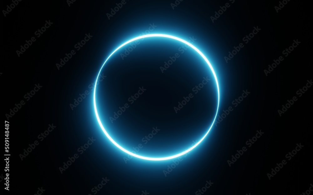 Round circle picture frame with blue tone neon color shade motion graphic on isolated black background. Blue and pink light moving for overlay element. 3D illustration rendering. Empty space in middle Round circle picture frame with blue tone neon color shade motion graphic on isolated black background. Blue and pink light moving for overlay element. 3D illustration rendering. Empty space in middle