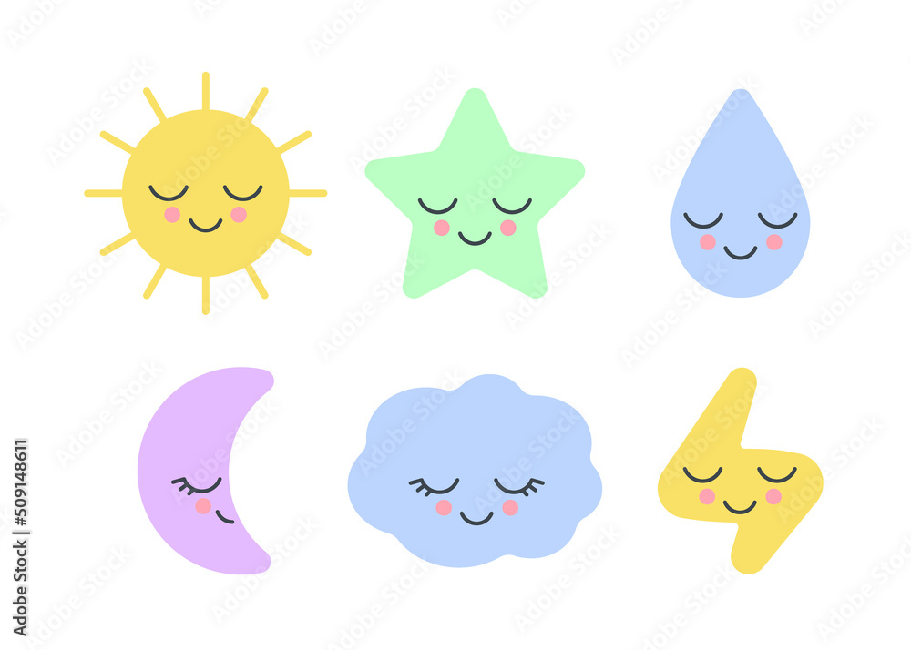 Set of sleepy nature weather with cute face toy sun, moon month, star, cloud, drop and lightning for baby design. Elements for childish fabric, print sign, card. Kids sleep. Vector illustration
