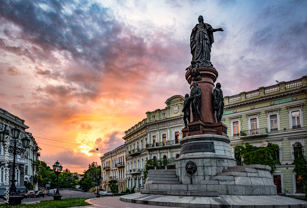 Monument to the founders of Odessa in Ukraine in the evening. Sculpture of Catherine II, Empress of Russia. One of the sights of Odessa.