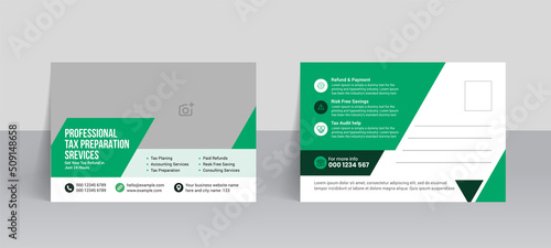 Income tax postcard template. Tax return service standard postcard design layout