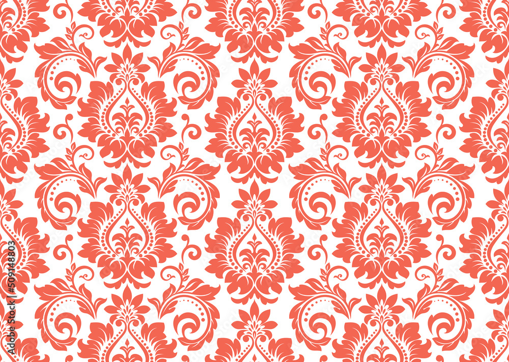 Wallpaper in the style of Baroque. Seamless vector background. White and pink floral ornament. Graphic pattern for fabric, wallpaper, packaging. Ornate Damask flower ornament Wallpaper in the style of Baroque. Seamless vector background. White and pink floral ornament. Graphic pattern for fabric, wallpaper, packaging. Ornate Damask flower ornament