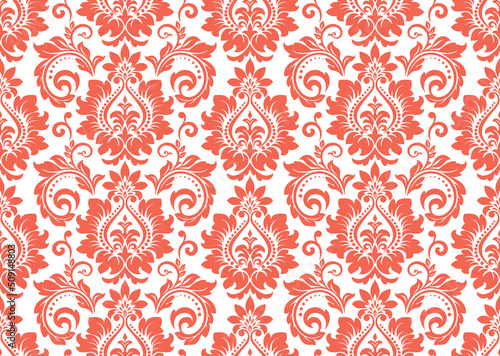 Wallpaper in the style of Baroque. Seamless vector background. White and pink floral ornament. Graphic pattern for fabric, wallpaper, packaging. Ornate Damask flower ornament