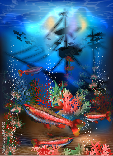 Underwater background with tropical fish and sunken ship, vector illustration