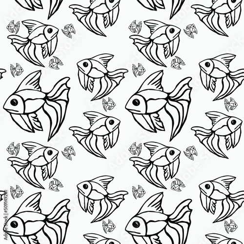 Seamless pattern with hand drawn funny fish. Black line art. Vector decorative nautical background. Fish elements are made in doodle style. Vector illustration.