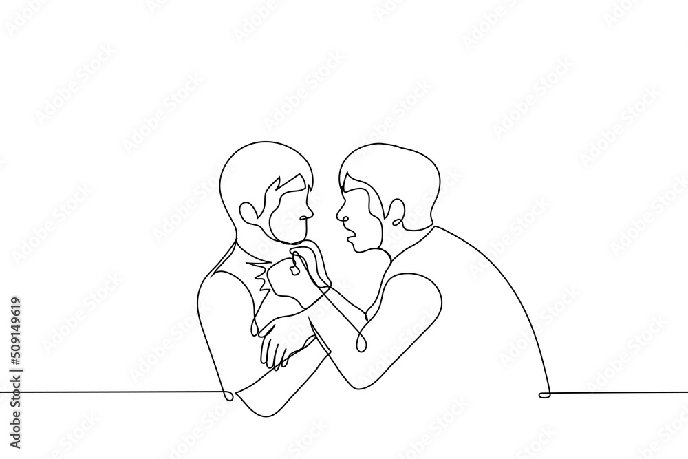 adult man grabs a child by the clothes and screams in his face - one line drawing vector. physical and psychological abuse concept