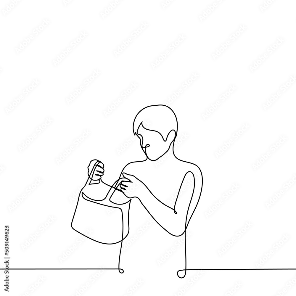 man holding an open bag or package and looking inside - one line drawing vector. the concept of receiving a gift, checking in someone else's bag man holding an open bag or package and looking inside - one line drawing vector. the concept of receiving a gift, checking in someone else's bag