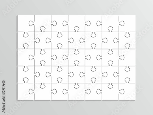 Puzzle cutting 7x5 grid. Thinking game with 35 separate pieces. Jigsaw outline template. Simple mosaic layout. Modern puzzle background. Laser cut frame. Vector illustration. photo