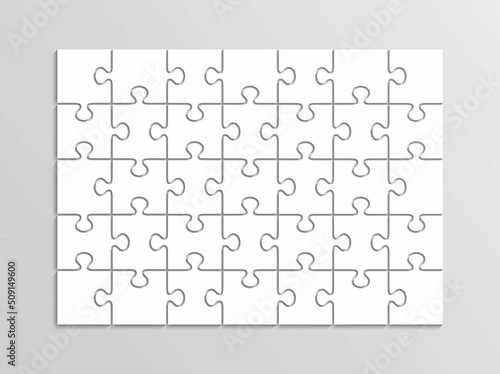 Puzzle cutting 7x5 grid. Thinking game with 35 separate pieces. Jigsaw outline template. Simple mosaic layout. Modern puzzle background. Laser cut frame. Vector illustration.