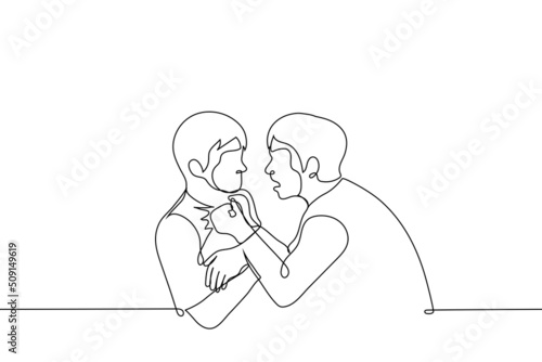 adult man grabs a child by the clothes and screams in his face - one line drawing vector. physical and psychological abuse concept