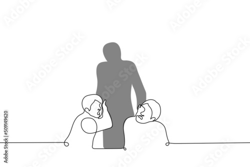 adult person pulls by ears of two teenagers - one line drawing vector. concept of violent punishment of children