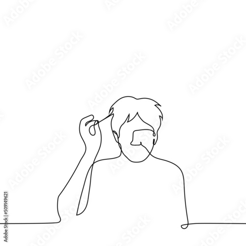 man pulling his hair - one line drawing vector. concept new hairstyle, poor hair condition, male pattern baldness