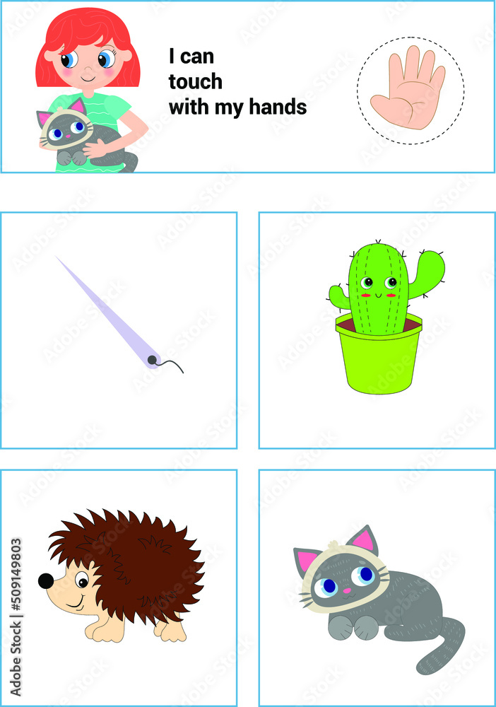 Fototapeta premium Cute girl is touching with hands of objects. Funny montessori game for kids. Learning five senses. Vector illustration.