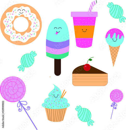 Set of cute sweet icons in kawaii style with smiling face. Ice cream, cupcake, cake, cup, soda, candy, lollipop, popsicle
