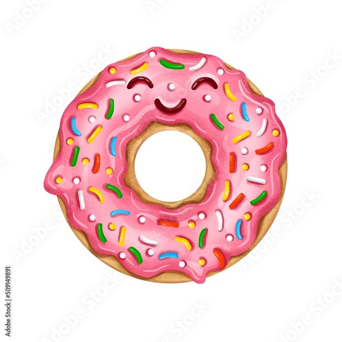 Illustration of a cute pink cartoon donut with pink icing. Realistic illustration.