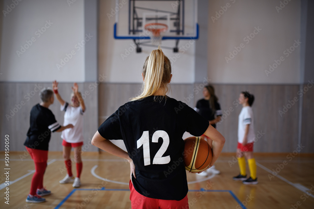 Fototapeta premium A rear view of young woman basketball player in gym during match.
